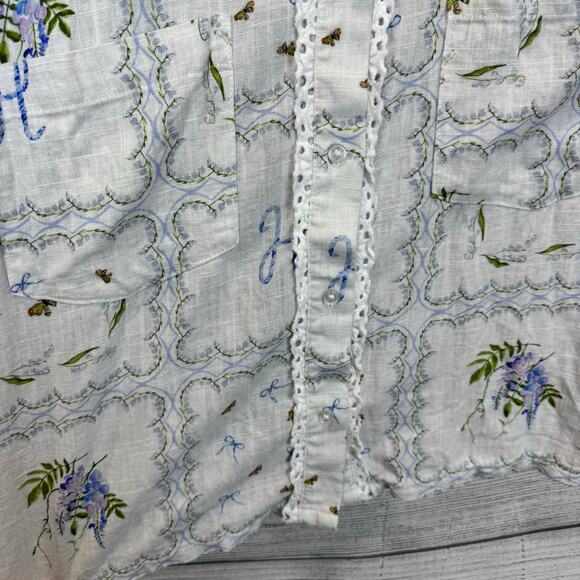 Hill House Women's White Blue Floral Crop Short Sleeve Button Up Top Size Large - Picture 4 of 8